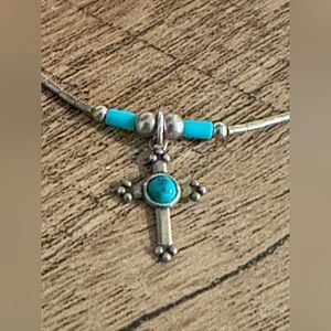 Liquid Sterling Silver Necklace With Silver and Turquoise Navajo Cross Pendant